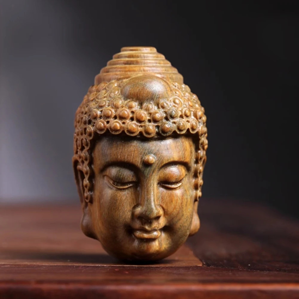 Y159, 2.4 INCH Japanese Green Sandalwood Hand Carved Netsuke Sculpture Miniature : Buddha and Demon in One