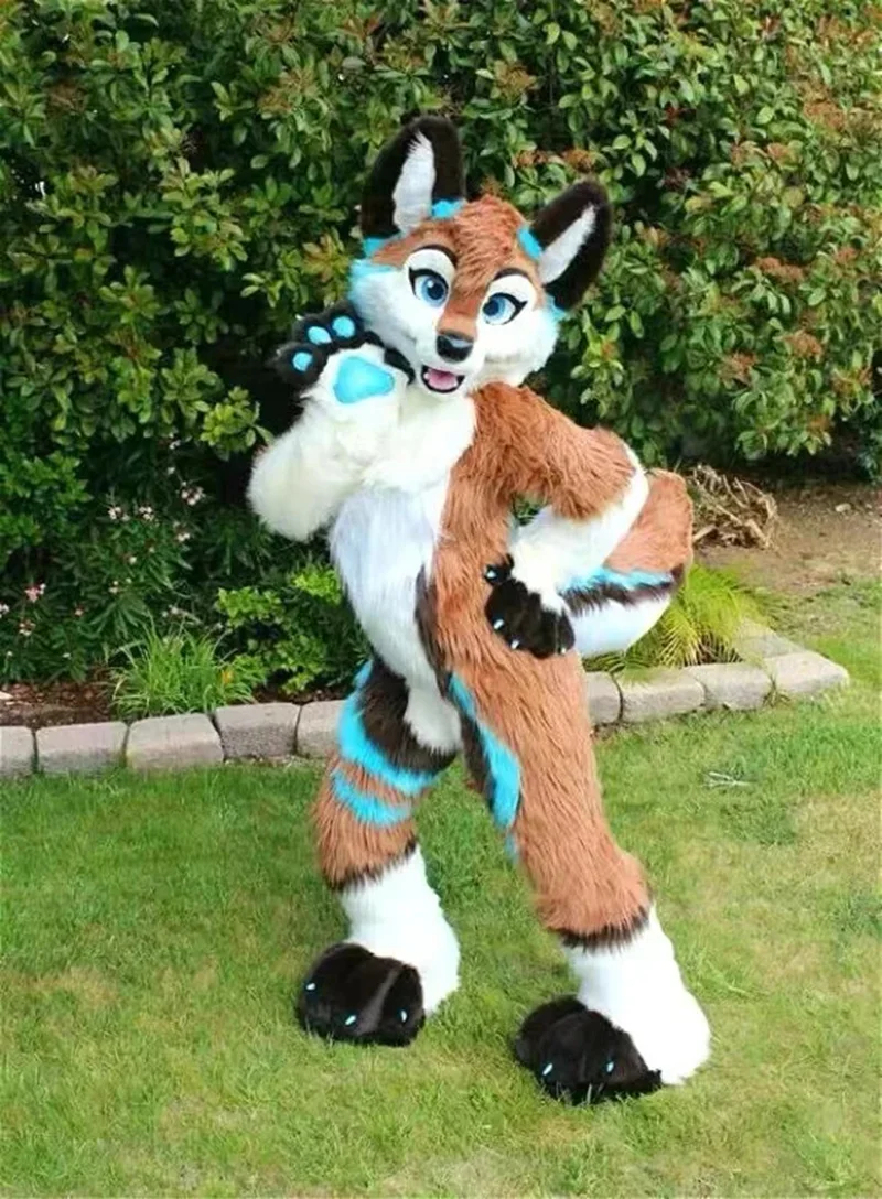 24. Langes Fell-Pelzkostüm, Husky-Hund, Fuchs-Maskottchen-Kostüm, Fursuit, Wolf, weiß, blau, Cosplay, Party, Fursuit, Halloween-Anzug, Erwachsenengröße