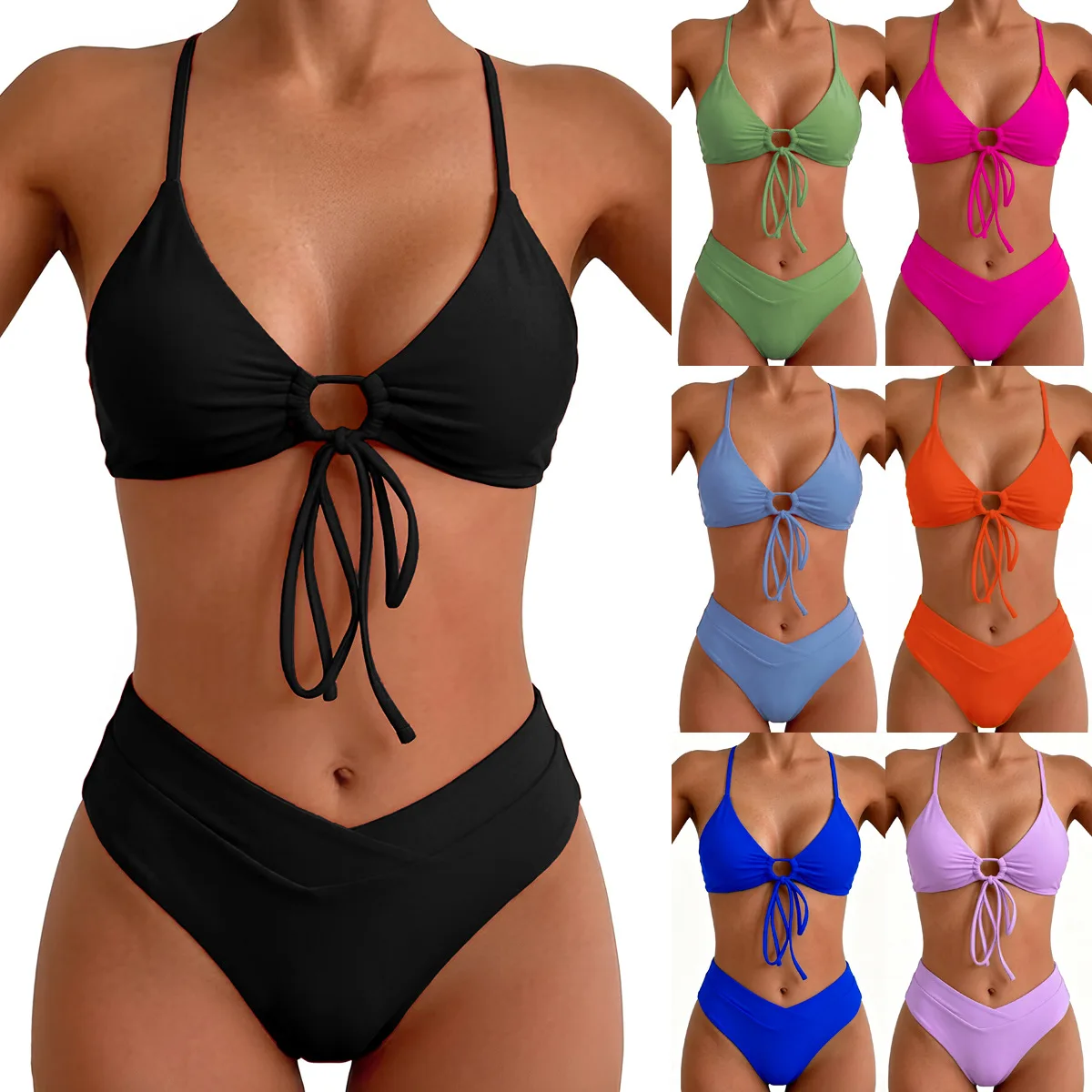 

Women Solid Color Lace Up High Elastic Bikini Set, Sexy 2 Piece Swimsuit Summer Beach Pool Bathing Suit