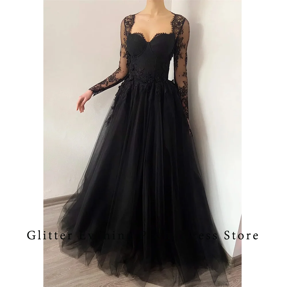 

Black Elegant Prom Dresses For Women Sweetheart A-Line Tulle Appliques Lace Court Train Custom Made Birthday Evening Party Grows