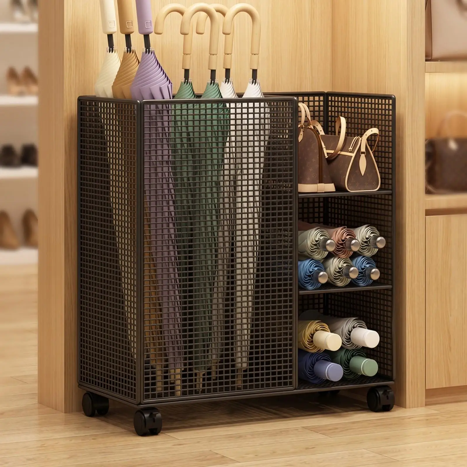 Mobile Rolling Umbrella Storage Rack | Perforated Metal Frame, Three-Tier Shelving Section, for Foyer