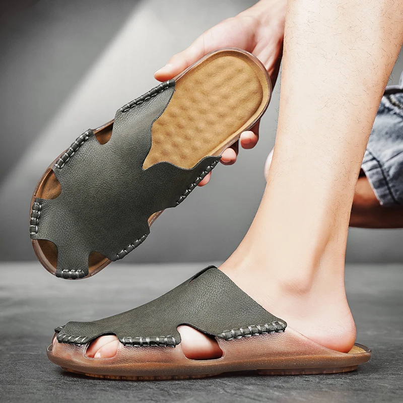 

Men's Summer Casual Trendy Leather Sandals Anti-slip Outdoor Wear Soft Bot Head Cover Slippers Size 48 Faionable Slip...