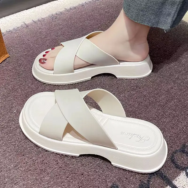 New Women's Summer Cross Strap Thick Sole Slippers Soft Sole Non Slip Outdoor Beach Slippers Elevator Slippers