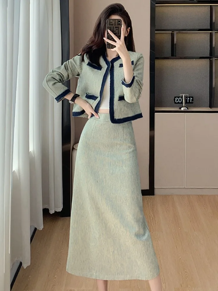 Korean Chic Autumn High-end Socialite Tweed Long-sleeve Short Coat and Elegant Skirt Two-piece Women's Outfit Female Office Lady