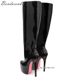 Pink Sole Super High Heels Platform Knee High Boots Women Round Toe Zip Leather Boot Luxury Designer Big Size Party Dance Shoes
