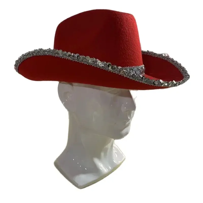 Women Cowboy Hat Western Cow Metal Lace Head Accessories Wide Brim Felt Fedora Cowgirl Casual Cap Outdoor Knight Hats