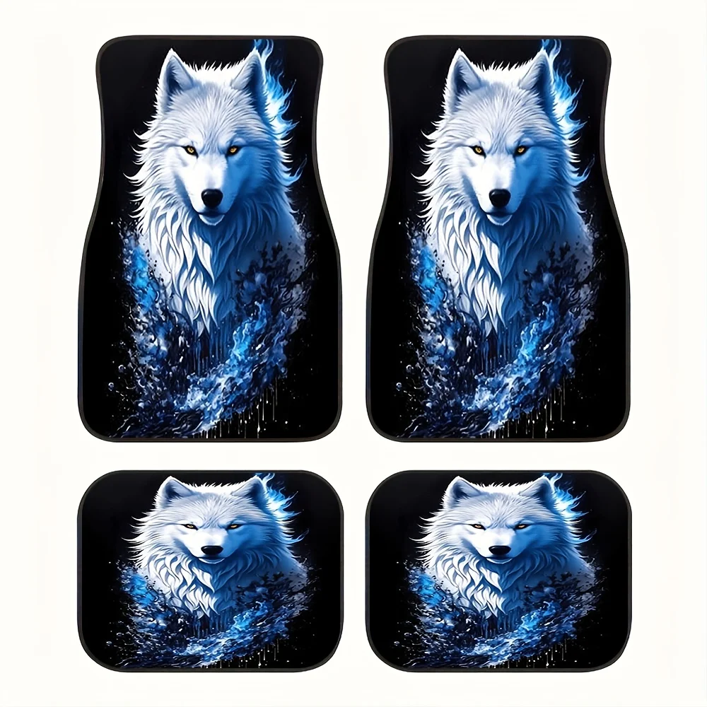 4pcs Ice Blue Wolf Pattern Car Floor Mats | Polyester Fiber, Universal Fit For Front & Rear, Cool Frost Wolf King Print Design,