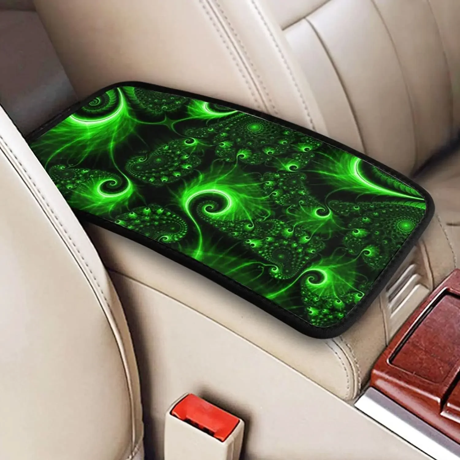 Green Swirl Print Auto Center Console Pad, Universal Fit Soft Comfort Car Armrest Cover, Fit for Most Sedans, SUV, Truck Car Sea