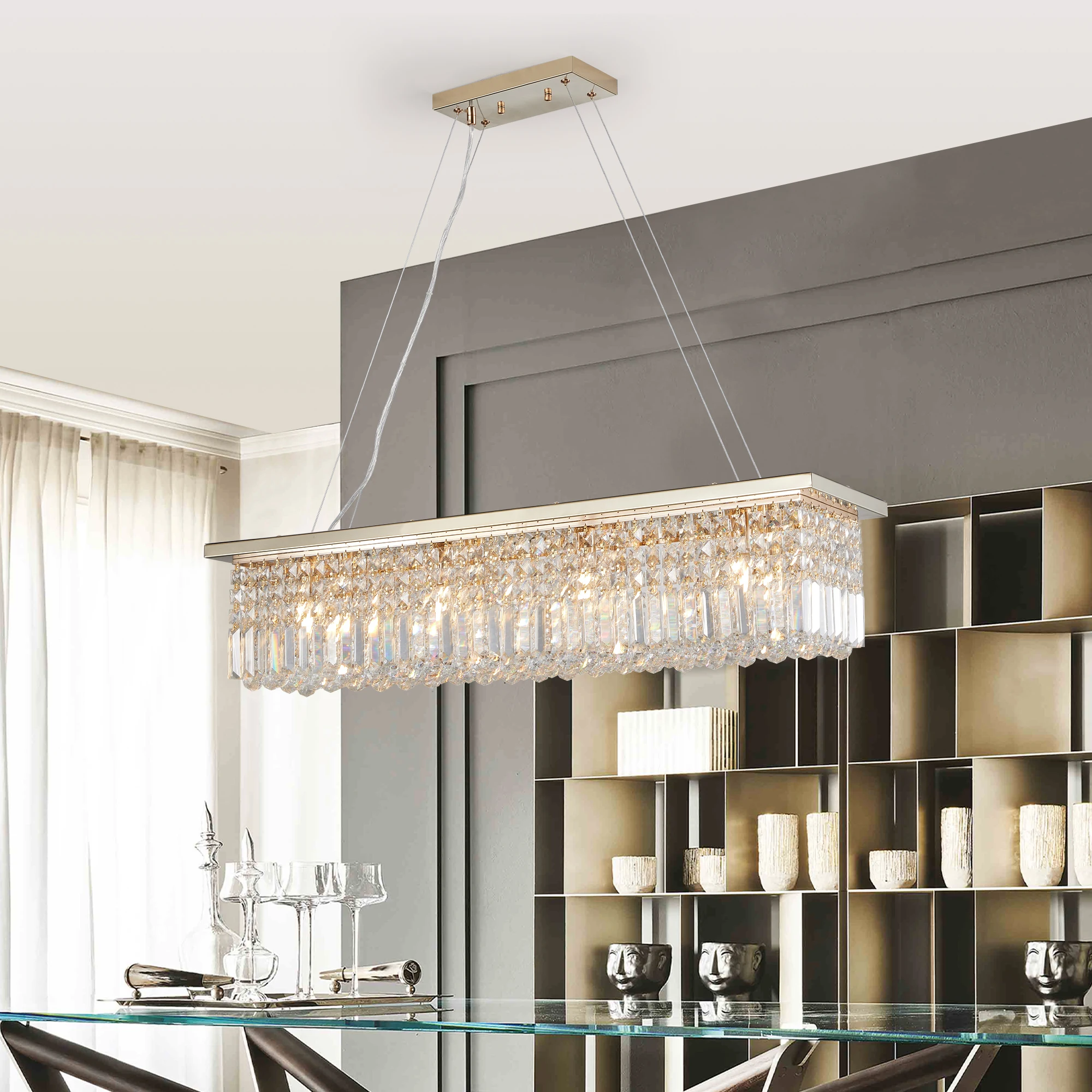 8-Light Modern Crystal Chandelier Gold Rectangle Chandelier Contemporary Rectangular Pendant Light Fixture (Bulb Not Included)