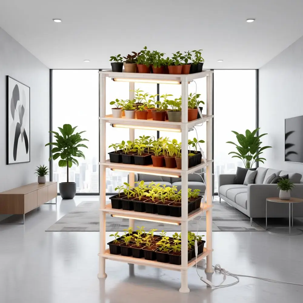 

5-Tier Plastic Plant Stand with LED Light and Auto-Timer for Indoor Gardening and Seedlings