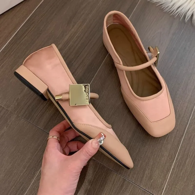 

Single Shoe Women French Evening Gentle Fairy Pink Mary Jane Flat Square Heel Splice Small Leather Shoes Autumn Ballet Shoes
