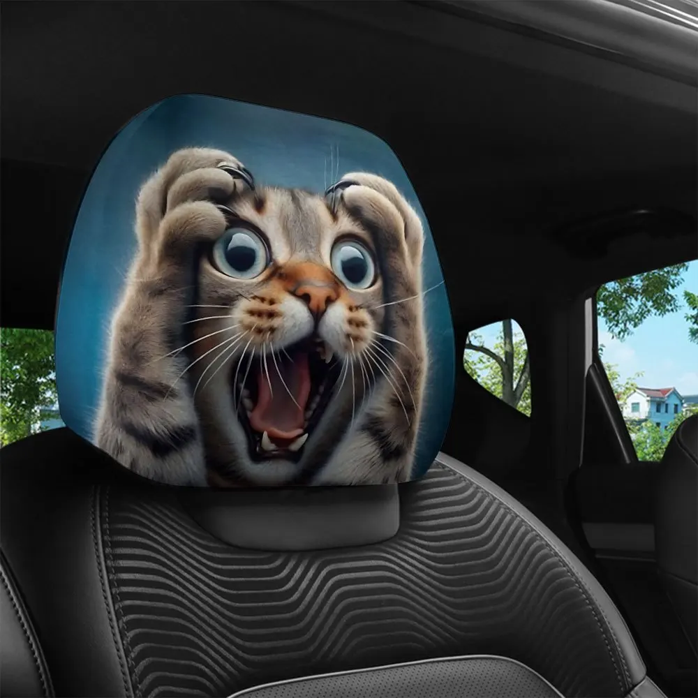 A Set Of Two Cute -Themed Car Headrest Covers Featuring A Startled Print, Designed For All-Weather Comfort. These Personalized C
