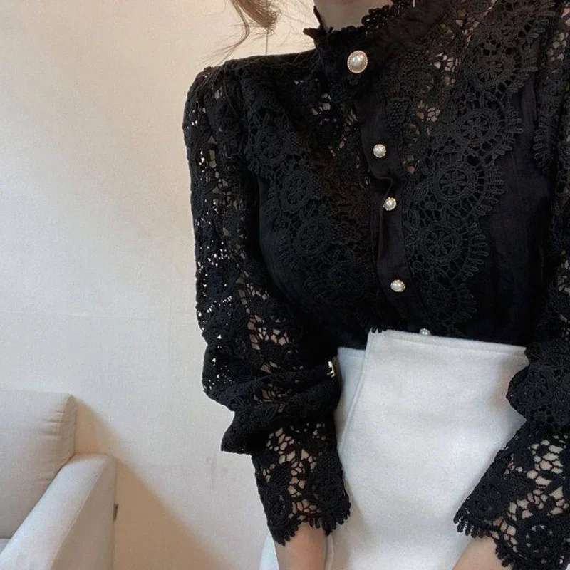 2024 Korean New Vintage White Lace Blouse Shirts Women Button Loose Shirt Tops Female Hollow Casual Ladies Blouses Blusas 12419