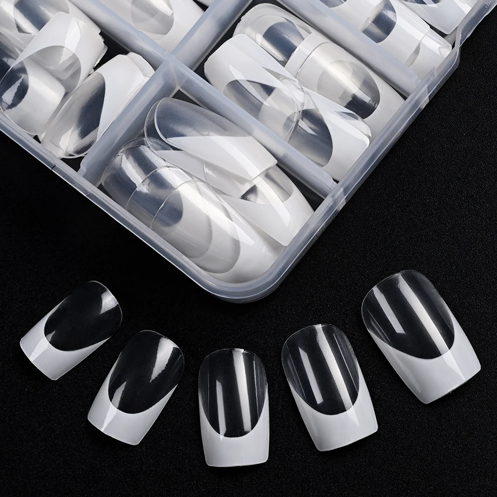120個/箱 アクリル製クリアフレンチフェイクネイル 12サイズ ショートバレエプレスオンネイル ホワイトエッジデザイン フルカバー付け爪 TD