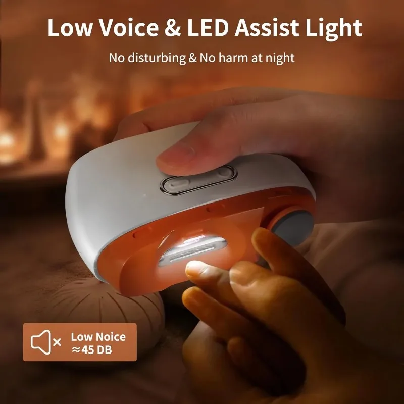 Coupe-ongles/polisseuse électrique intelligentes – dotées de deux réglages de vitesse ajustables, d'une batterie rechargeable intégrée de 500 mAh et d'un éclairage LED intégré ; un outil de soin des ongles portable et automatique avec une conception sûre et anti-pincement.
