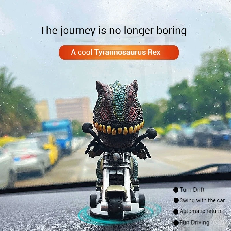 Car Mounted Ornament Drifting Tyrannosaurus Riding Motorcycle Dinosaur Inertia Rotating Car Decompression Creative Accessories