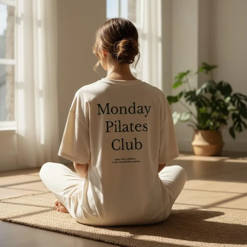 Monday Pilates Club T-shirt Vintage Aesthetic Clothes Women Clothing Oversized T Shirt Shirts for Women High Quality Cotton Tops