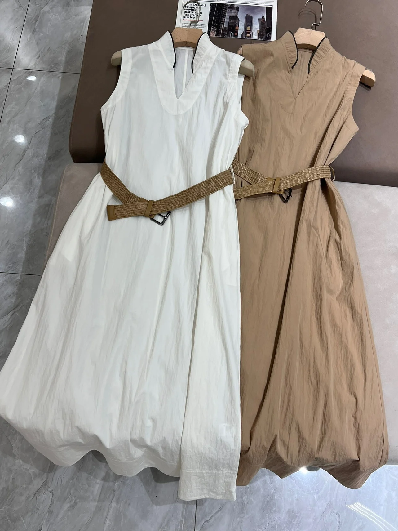 Cotton summer sleeveless belt fitted feminine midi dress