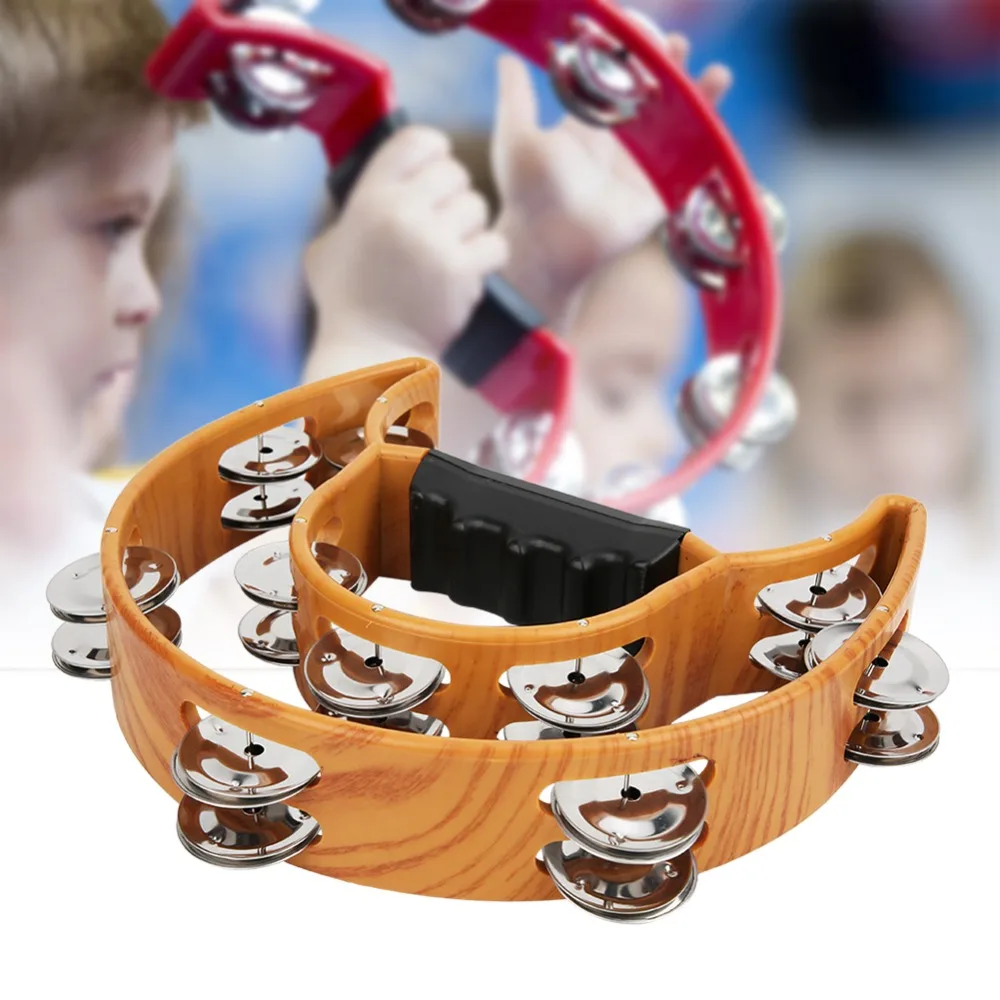 Double Row 20 Pairs Jingles Double Row Tambourine Metal+Plastic Wood Color Handbell Tambourine Half Moon Tambourine Party Games