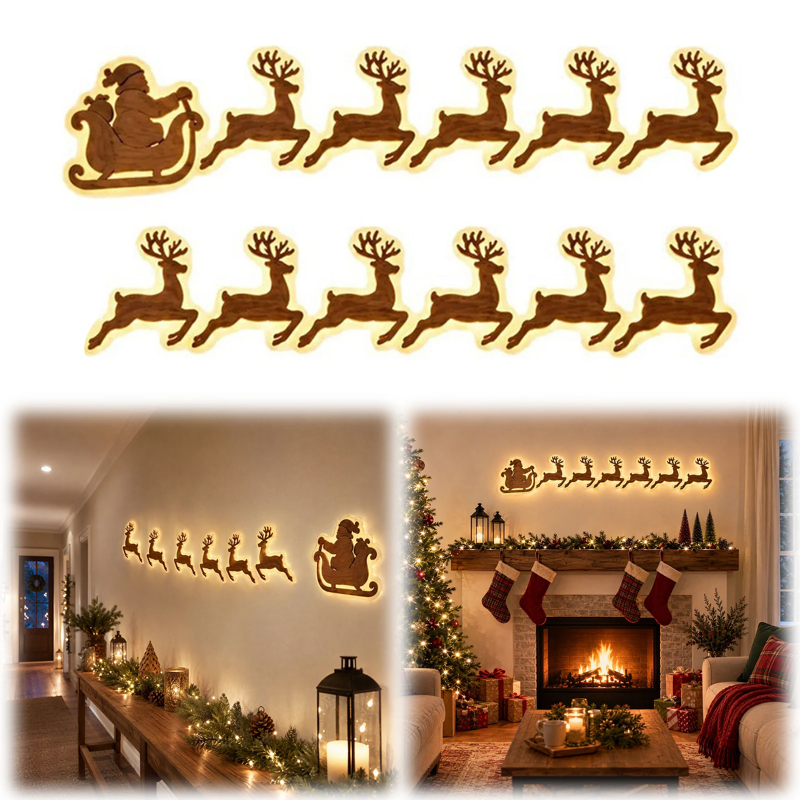Santa Claus Reindeer Glowing 3D Wall Sticker 7pcs LED Reindeer Wall Decorations Warm White Glow Light-Up Wooden Reindeer 2026