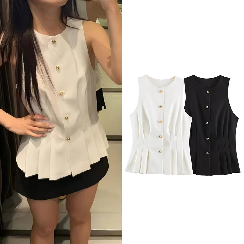 Guobioziy Women's Vest 2026 Summer New Round Neck Sleeveless Waist-Cinching Vest Top Casual Versatile With Pleats
