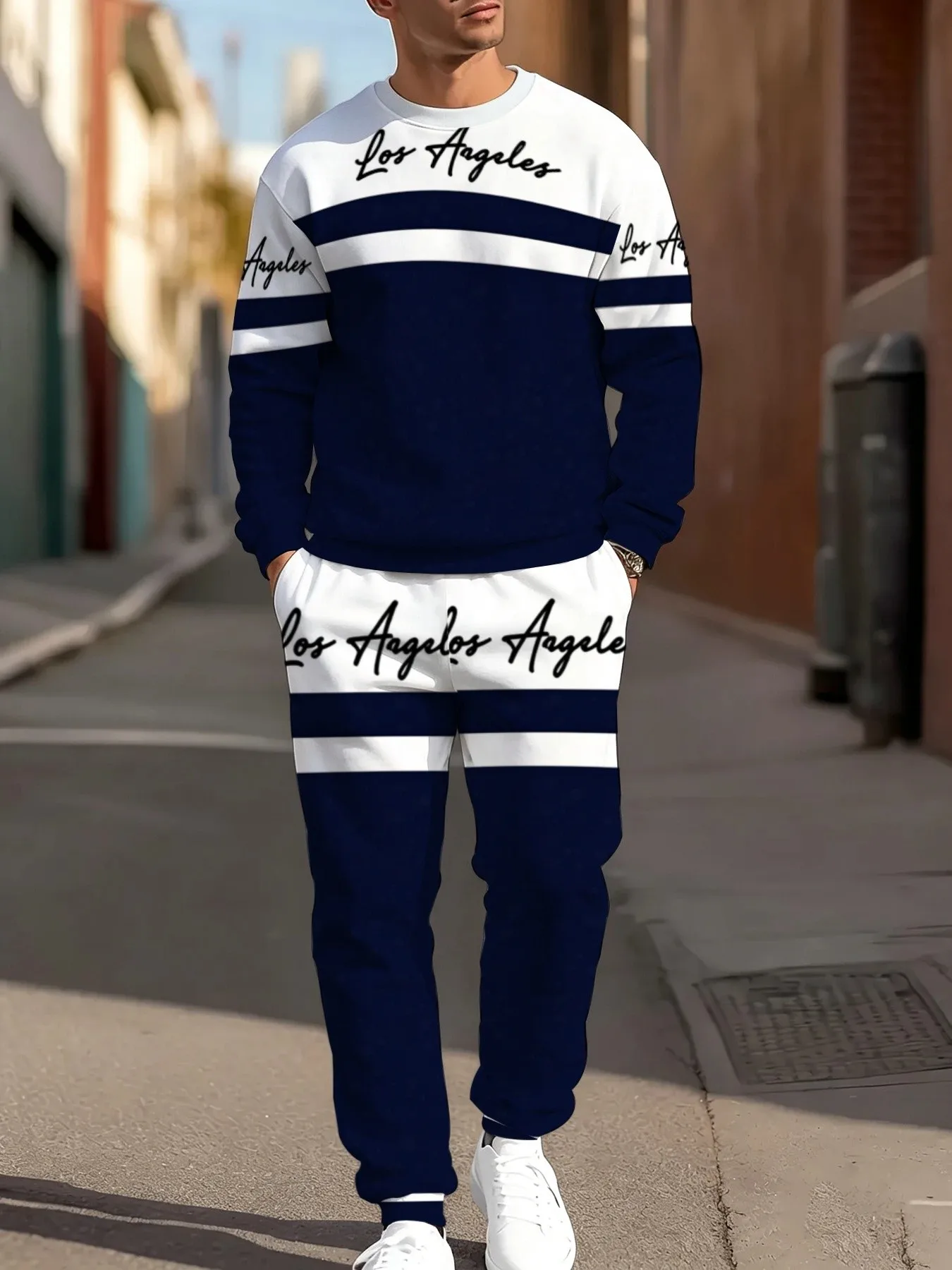 2026 autumn and winter new men's round-neck sweater set street fashion casual easy-matching 3D letter pattern printing