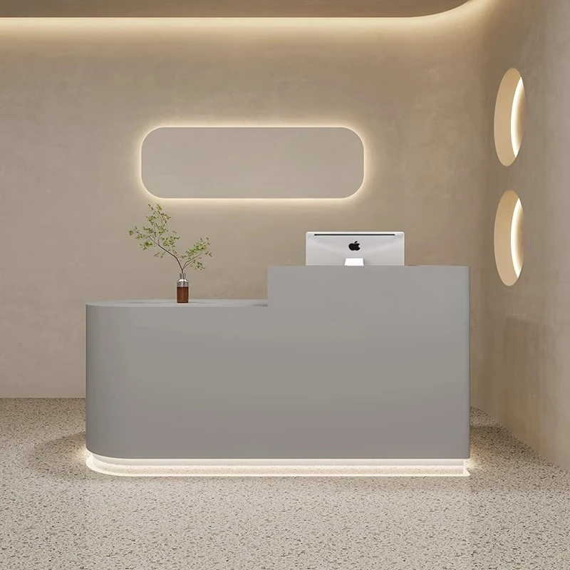 مكاتب الاستقبال ذات أضواء LED الزاوية، تصميم بسيط، مكاتب الاستقبال الجمالية التنفيذية، مكتب الشركة الفاخر، الأثاث العصري