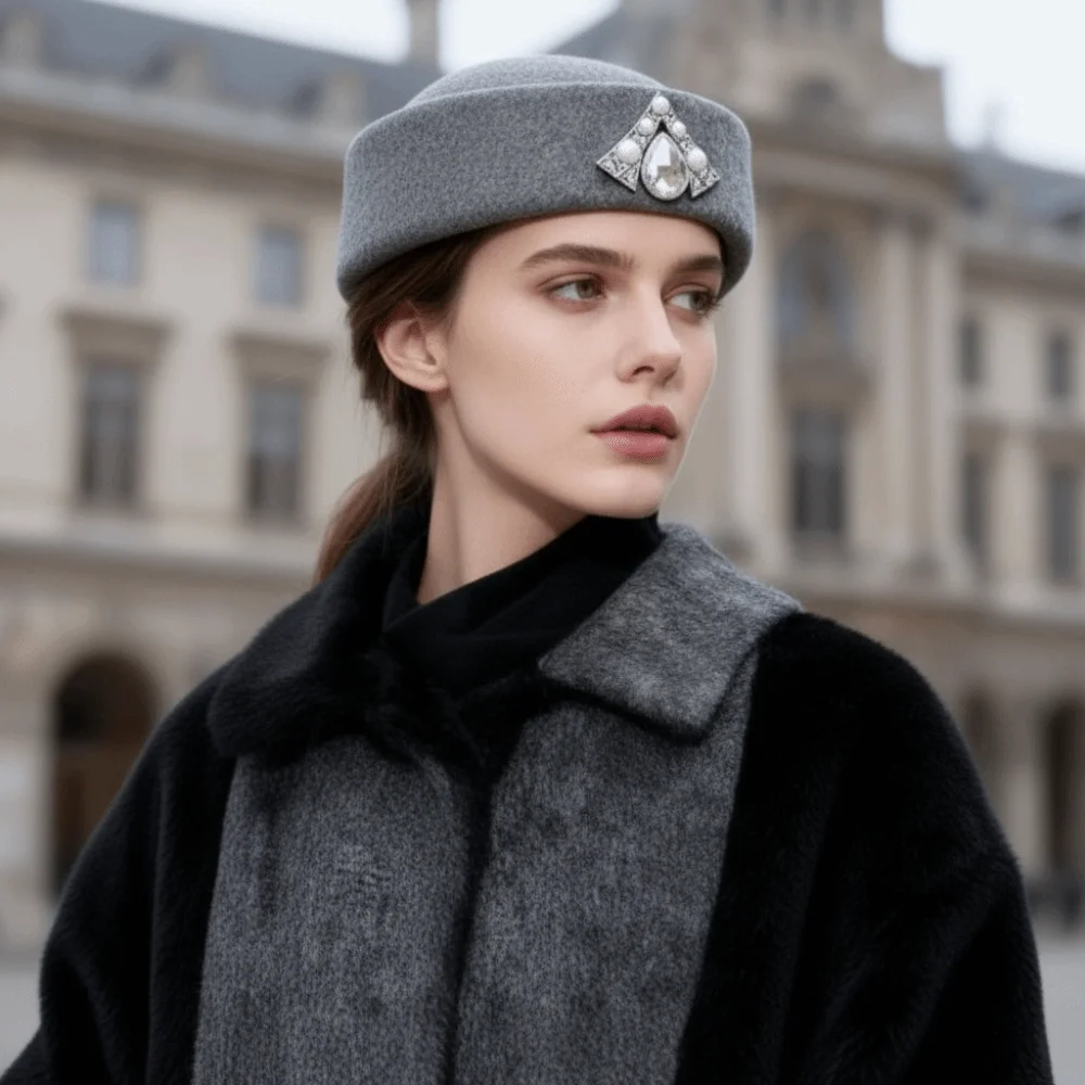

Woolen Top Hat Vintage Topper Hat Rhinestone Retro Pillbox Hat Charm Solid Color Felt Beret Performances