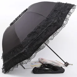 Sun Sunscreen Lace Women Rain Umbrella Sunny Rainy Windproof UV Sunshade Black Pink Portable 3 Fold Lady Travel Parasol Fashion