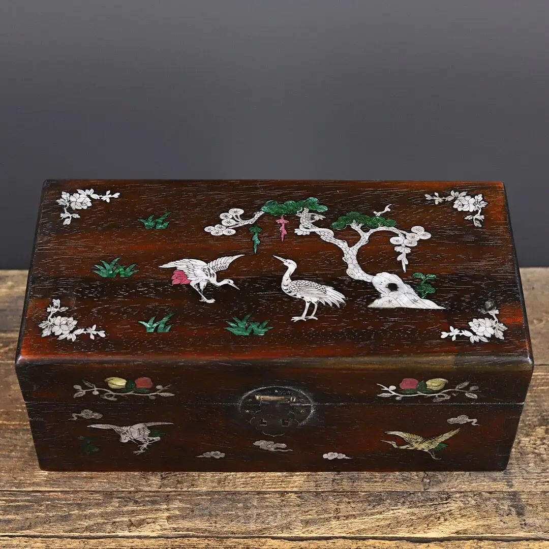 Vintage Treasure Solid Wood Carved Embossed Hand-Inlaid Shell Storage Box, Wooden Box, Storage Box, Home Goods