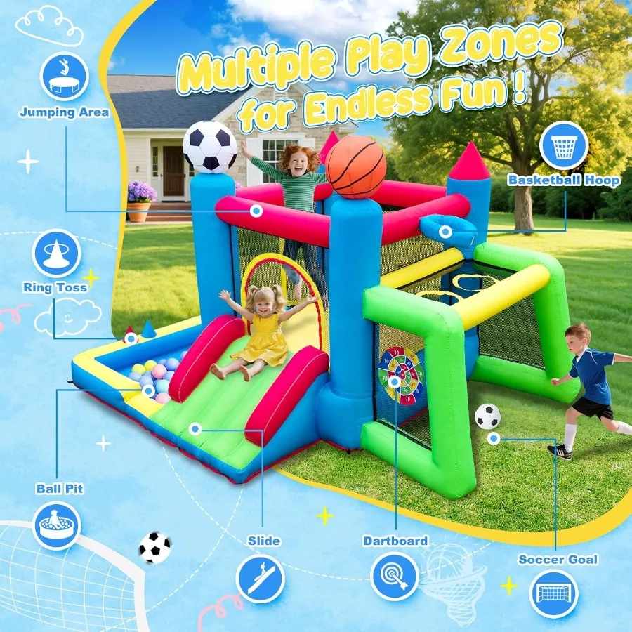 บ้านลมเป่าลม 7-in-1 สำหรับเด็กอายุ 3-6 ปี – ปราสาทลมธีมกีฬาพร้อมสไลเดอร์ บ่อบอล ห่วงบาสเก็ตบอล และห่วงโยนลูกบอล