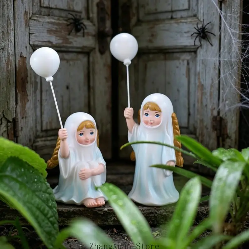 Halloween-Geistermädchen-Figuren-Set, 2-teilige Tischdekoration aus Kunstharz mit weißem Ballon-Detail für Kaminsims, und – Detail 3