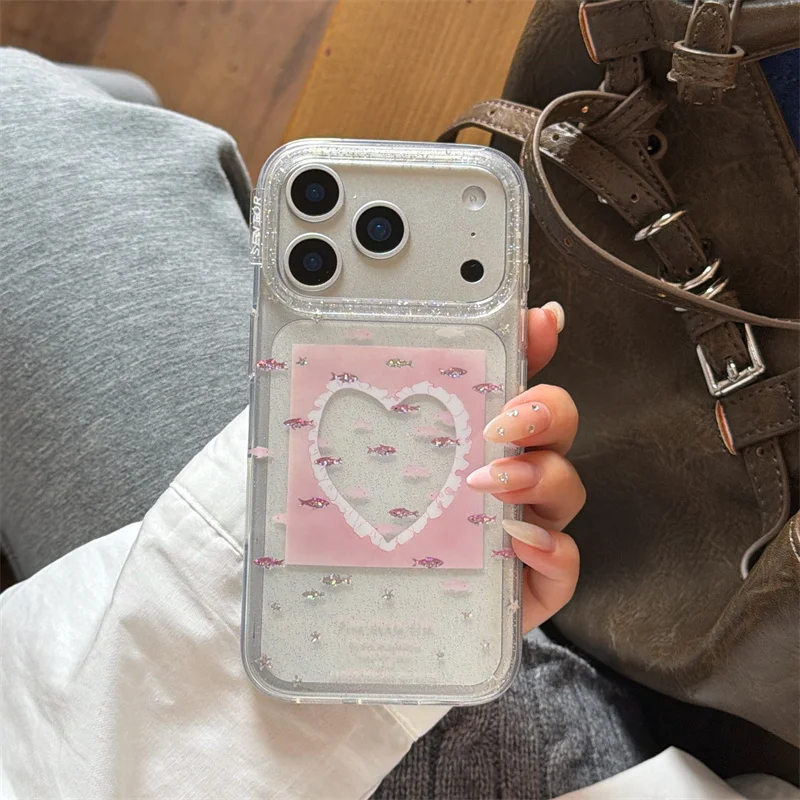

Kawaii Pink Heart Lace Fish Print Glitter Clear Phone Case For iPhone 15 16 17 Pro Max INS Sweet Coquette Style Large Window Sho