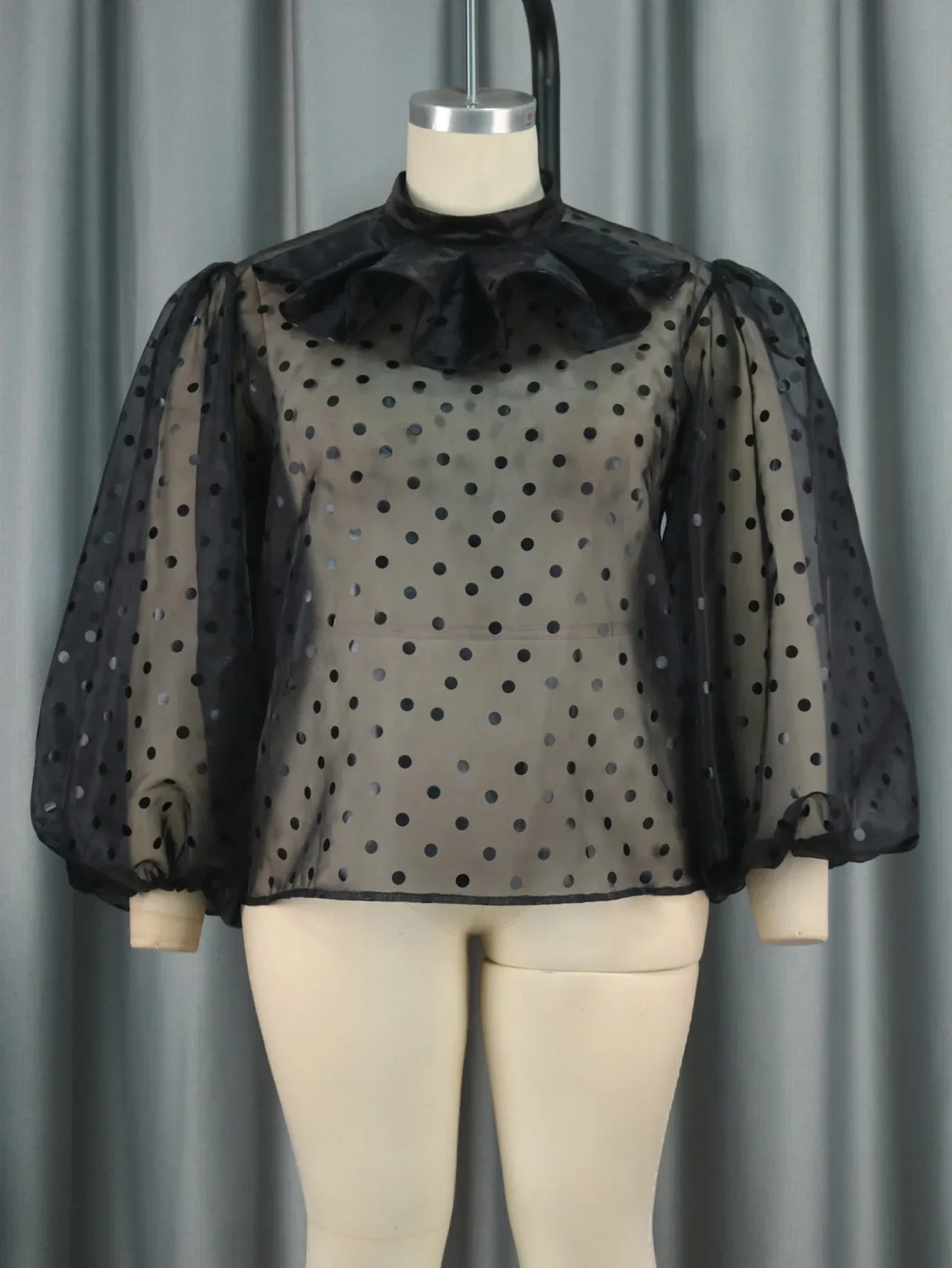 Black See Through Tops Polka Dot Ruffles High Neck Pullover Shirts Long Lantern Sleeve High Street Clubwear Women Blouses 2024