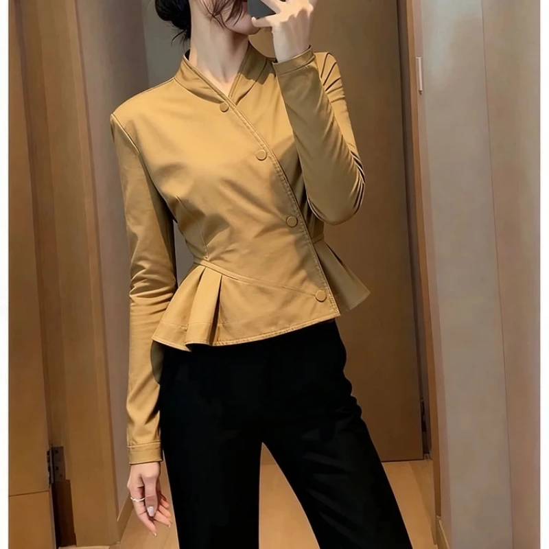 

Винтажные женские блузки, повседневные корейские рубашки, модная тонкая весенне-летняя одежда, однотонные женские топы с длинным рукавом на талии