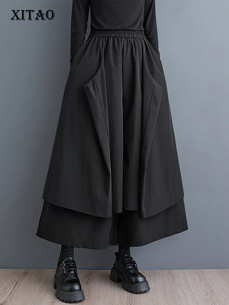 XITAO Solid Color Patchwork Pocket Pants Elastic Waist Loose All Match Slimming Wide Leg Pants 2025 Spring Fashion New DMJ5021