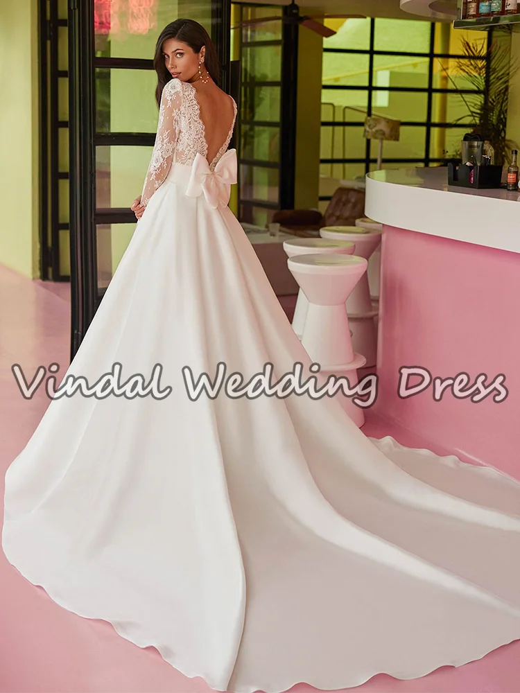 진달 모던 레이스 새틴 웨딩드레스, 진주 벨트, 긴 소매, 오픈 백, 우아한 플로어 기장, A라인 브라이덜 가운, 맞춤 제작 가능