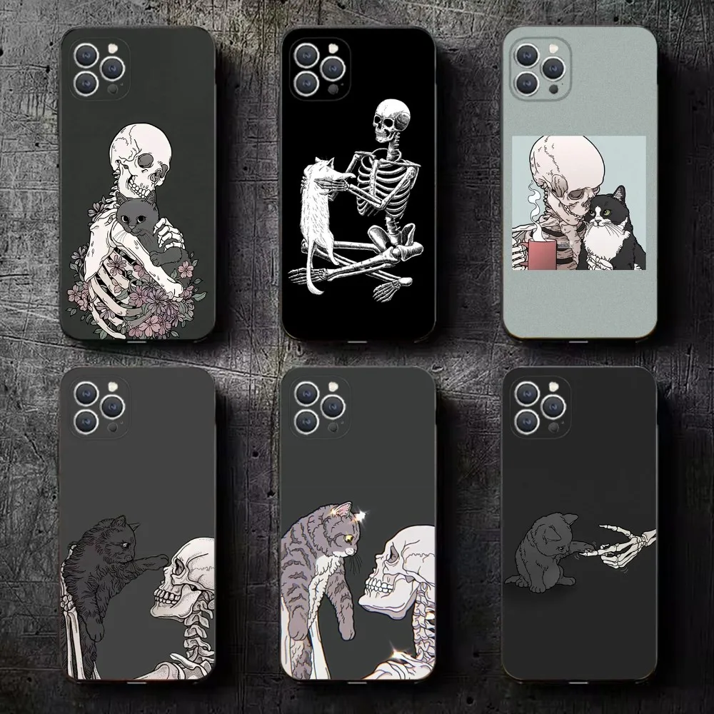 

Skeleton Cat Painted Phone Case For iPhone 16,15,14,13,12,11,Plus,Pro Max,XS,X,XR,SE,Mini,8,7 Soft Silicone Black Cover