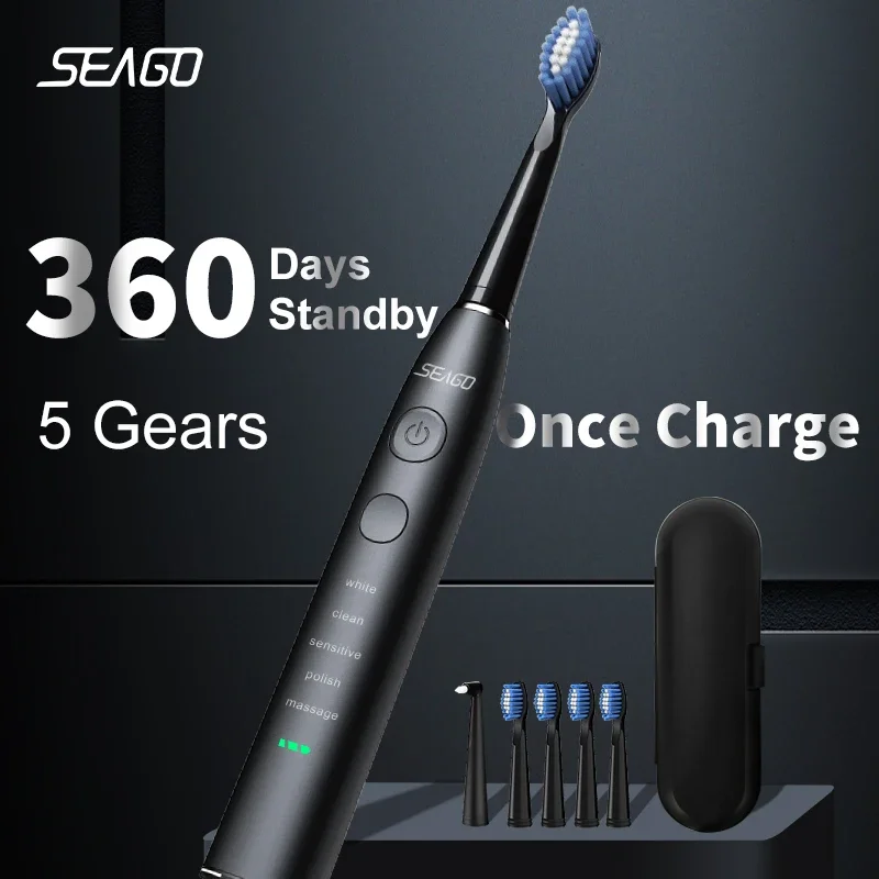 

Seago Electric Sonic Toothbrush USB Rechargeable Adult 360 Days Long Battery Life with 4 Replacement Heads Gift SG-575