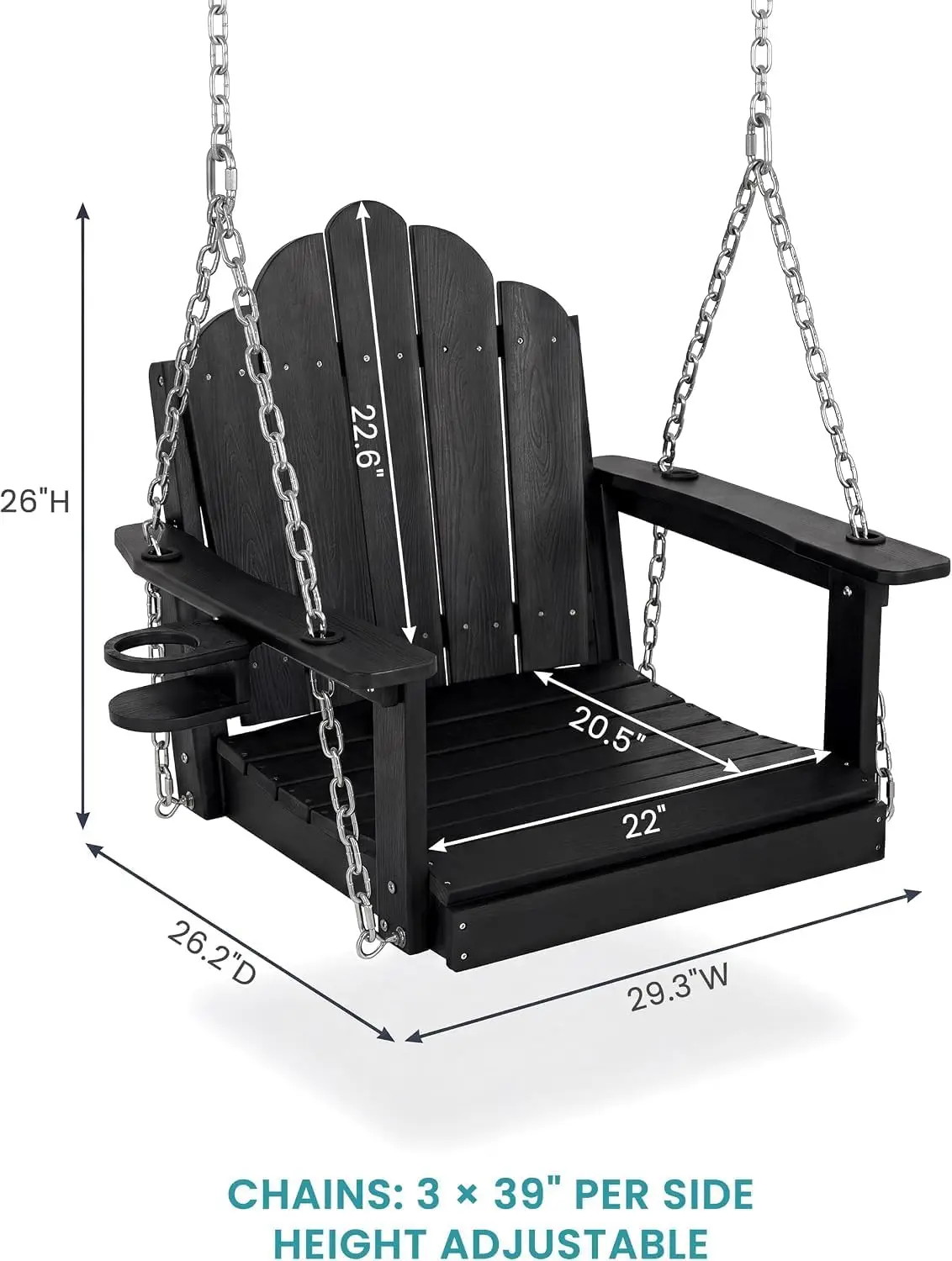 Single Outdoor Swing Chair Cup Holder HDPE Porch Swing Black Wood Grain Poly Lumber Seat Patio Deck Balcony Galvanized Chains On