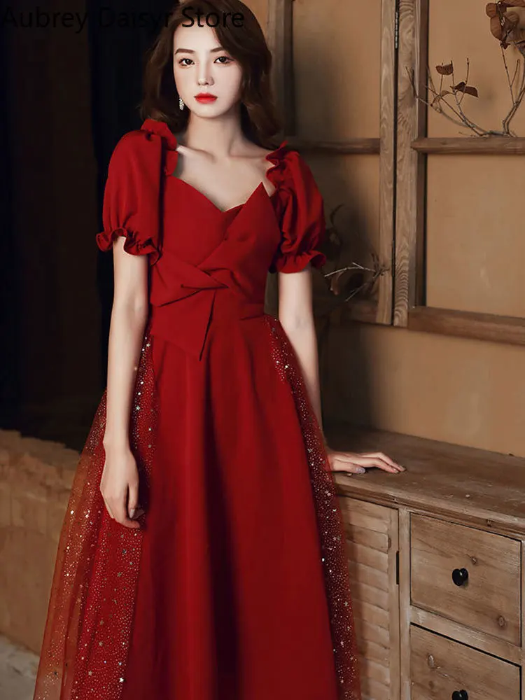 

Elegant Red Midi Dress Women Casual Sequin Irregular Design Mesh Formal Dresses Female Summer Wedding Evening Party Dress New In