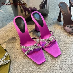 Autumn Rhinestone Square Toe High Heel Slippers Sexy Shallow Mouth Special Heel Dinner Sandals Fashion Party Wedding Slippers