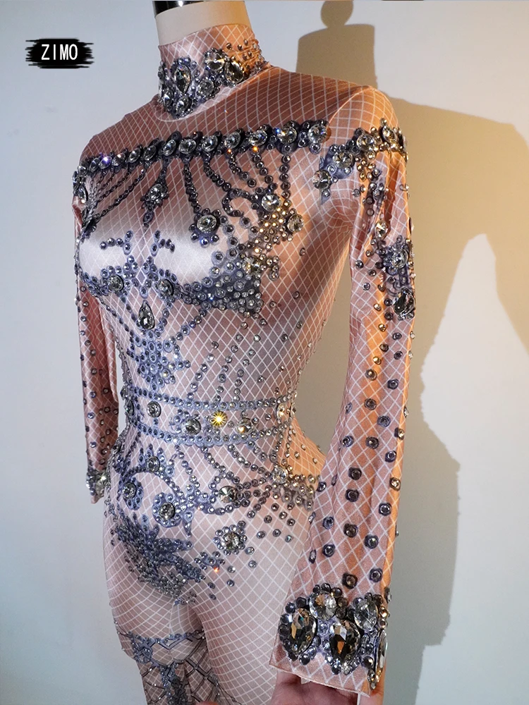 Mono con estampado de diamantes para mujer, ropa Sexy de manga larga para fiesta en club nocturno, ropa de cumpleaños, leotardo para celebración, baile en barra, espectáculo de Festival