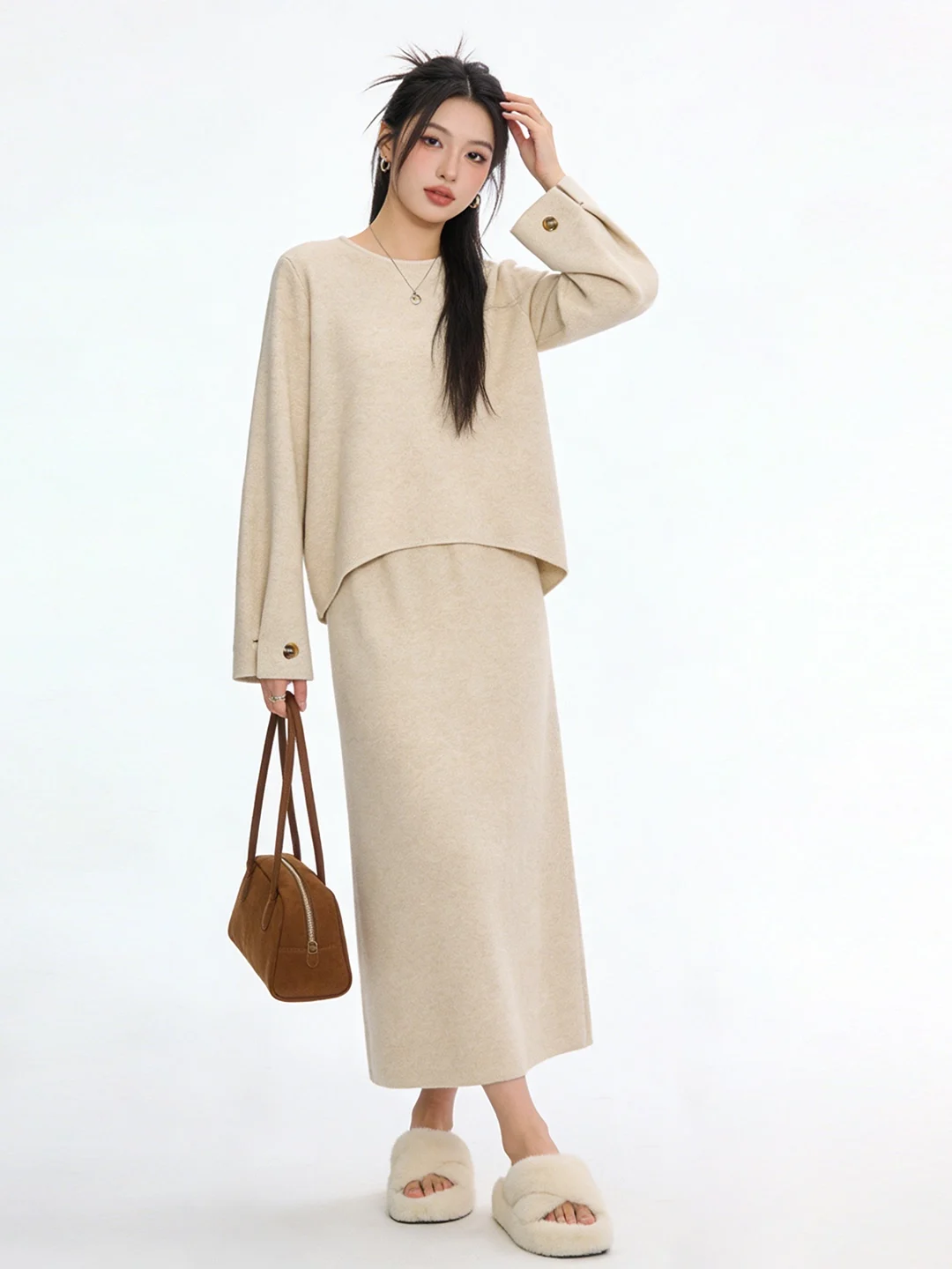 Soft Knitted Skin-friendly Set Early Spring High-waist Slit  Skirt Long Sleeve round Neck Casual Fashion Ensemble