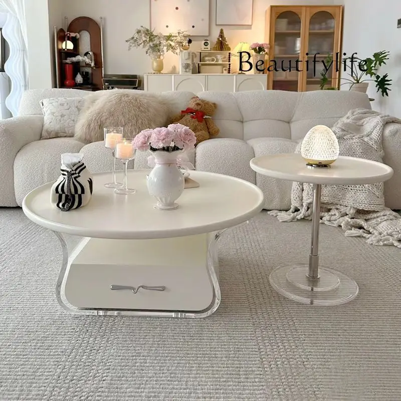 French cream retro coffee table small apartment acrylic round modern home living room simple dining table new