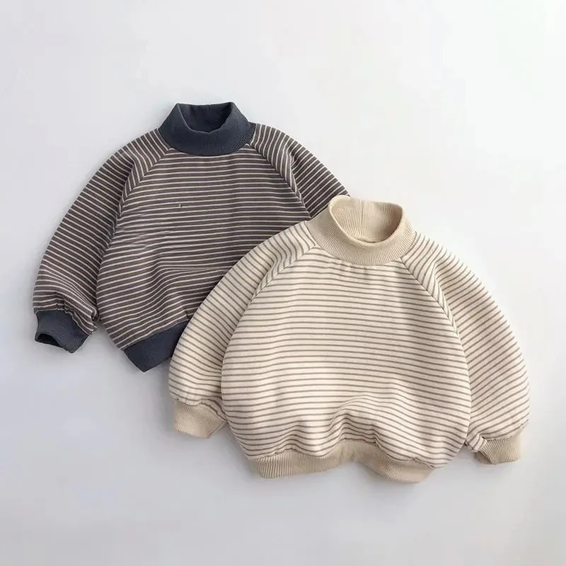 

Boys' Girls' Autumn/Winter Lamb Fleece Pullover Children's Stripe Thickened Warm Half High Neck Baby Winter Top 1-8 Year