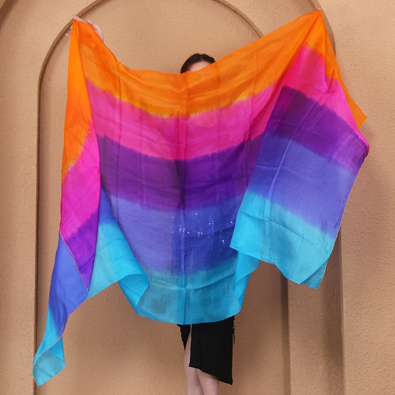 여성용 맞춤형 밸리 댄스 실크 베일, 손으로 던지는 스카프 숄, 옐로우 오렌지 핑크 퍼플 그라데이션 액세서리, 200cm, 250cm, 270cm