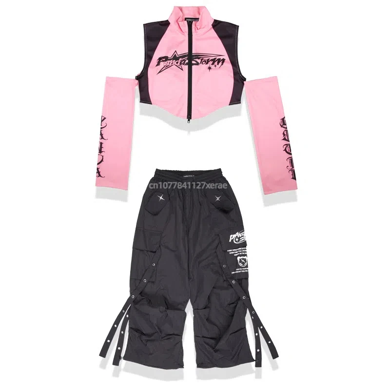Danse de rue pour garçons et filles, danse jazz, défilé de mode, support de batterie, T-shirt, vêtements tendance, ensemble de costume de performance rose et noir