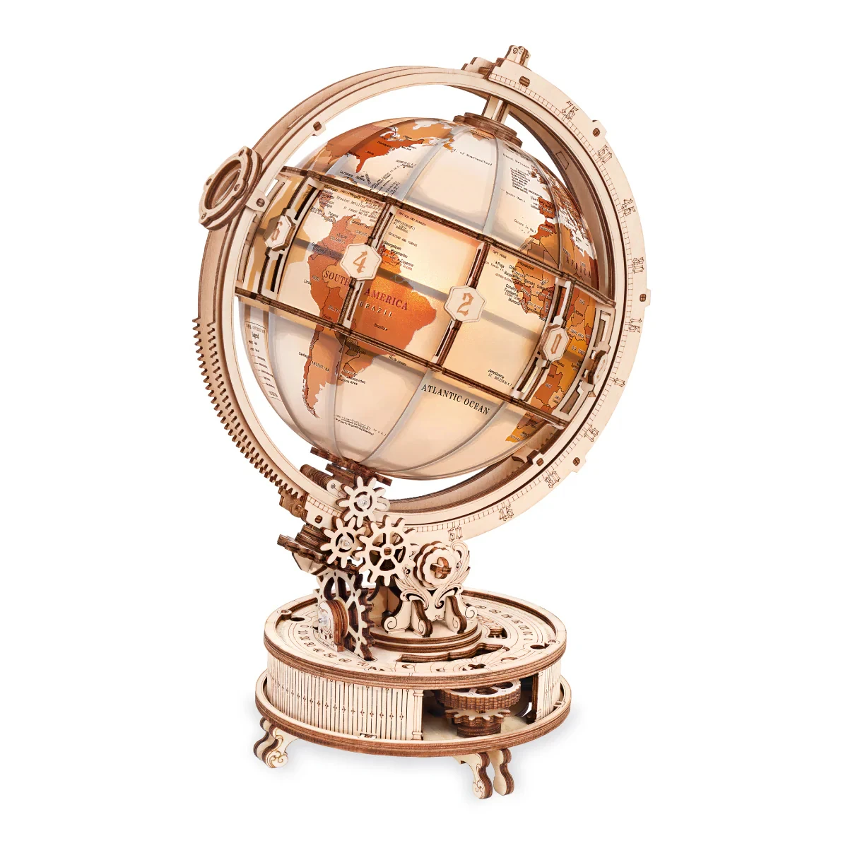 Robotime Leuchtender Globus Rotierender LED-Globus Modellbausatz 3D Holzpuzzle mit Orbital-Lupe Warme Heimdekoration Einzigartiges Geschenk für Männer