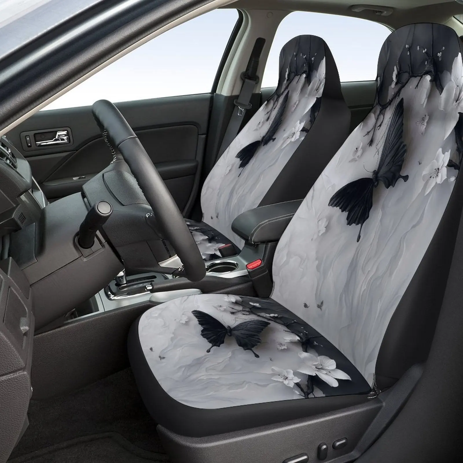 Set Of Car Seat Covers Featuring A Black Butterfly And White Flowers Design, Suitable For Various Vehicles. Stylish And Comforta